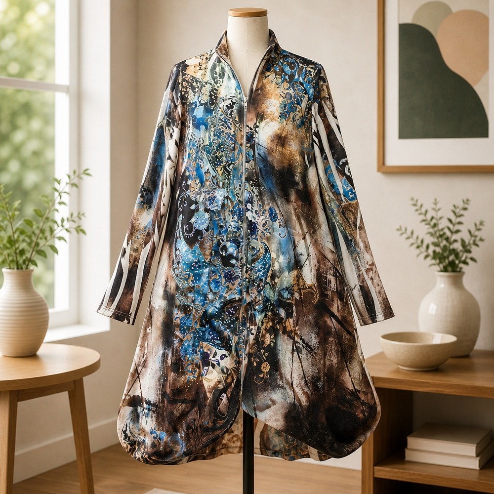 Boho Chic Rhinestone Paisley‎ Floral Open Front Cardigan Blue Brown Womens Small